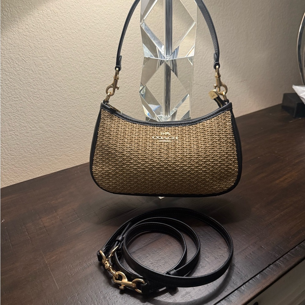 COACH Teri Leather 2-Way Straw Shoulder Bag Crossbody Purse - Picture 3 of 9